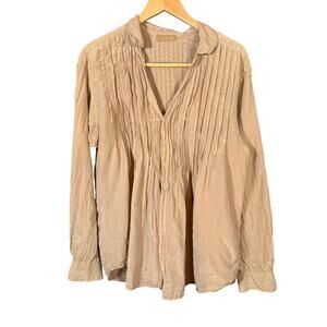 CP Shades | Tan Lightweight Cotton Silk Tunic Top with Roll Tab Sleeves | Medium